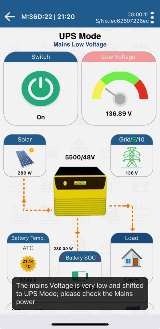 App warning: mains voltage very low, shifted to UPS mode