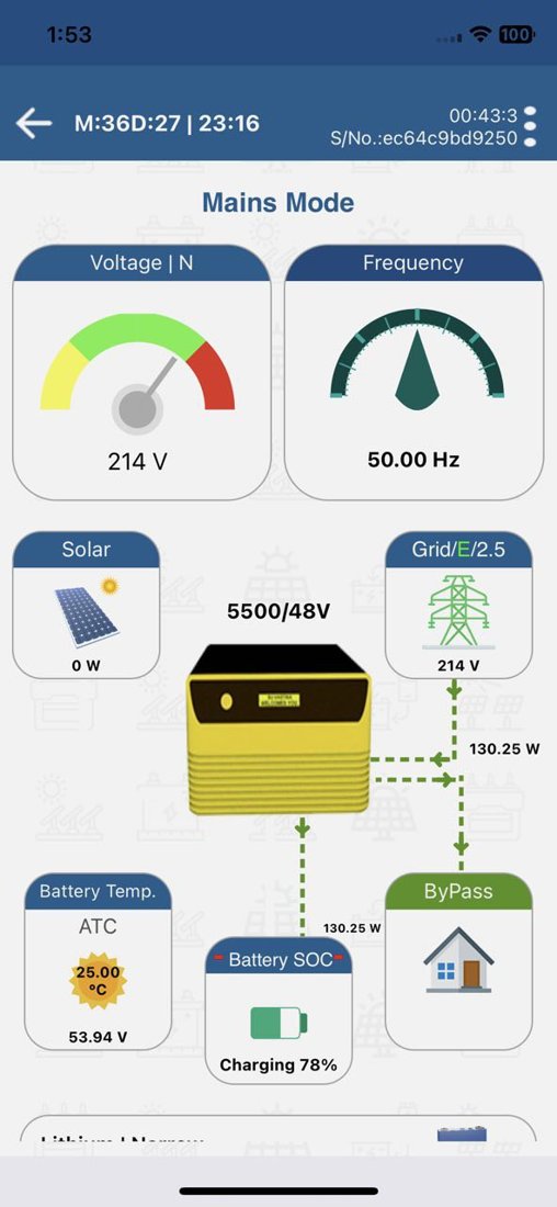 Su-vastika app Mains Mode — solar and grid charging the battery, charging 78%