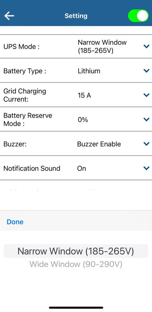 Su-vastika Solar PCU app settings — UPS mode window, battery type, grid charging current, battery reserve, buzzer