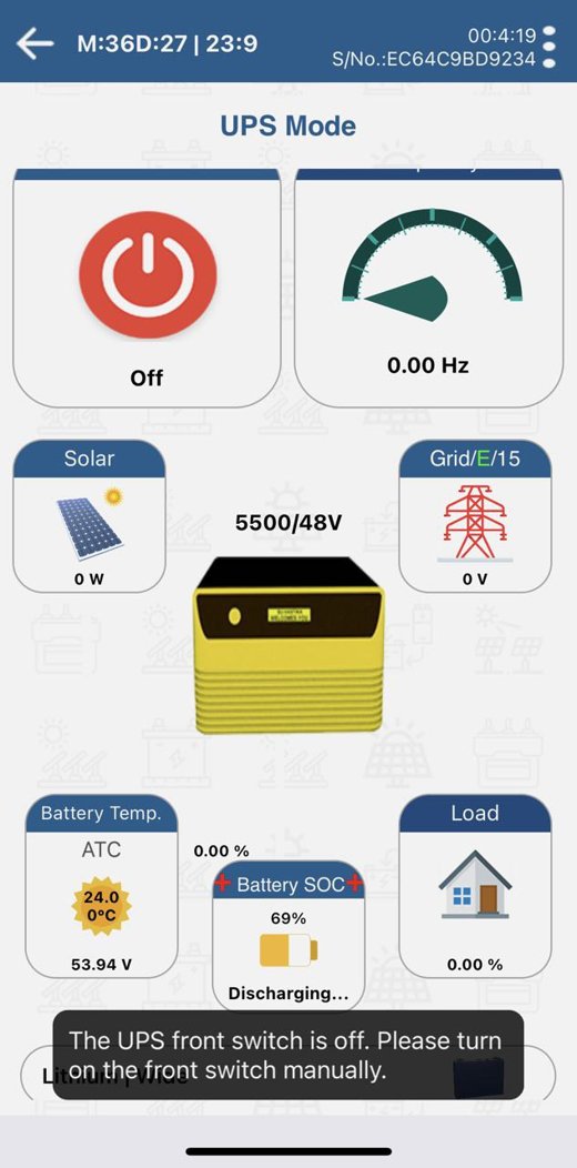 Su-vastika app UPS mode dashboard showing live energy flow, battery SOC and load