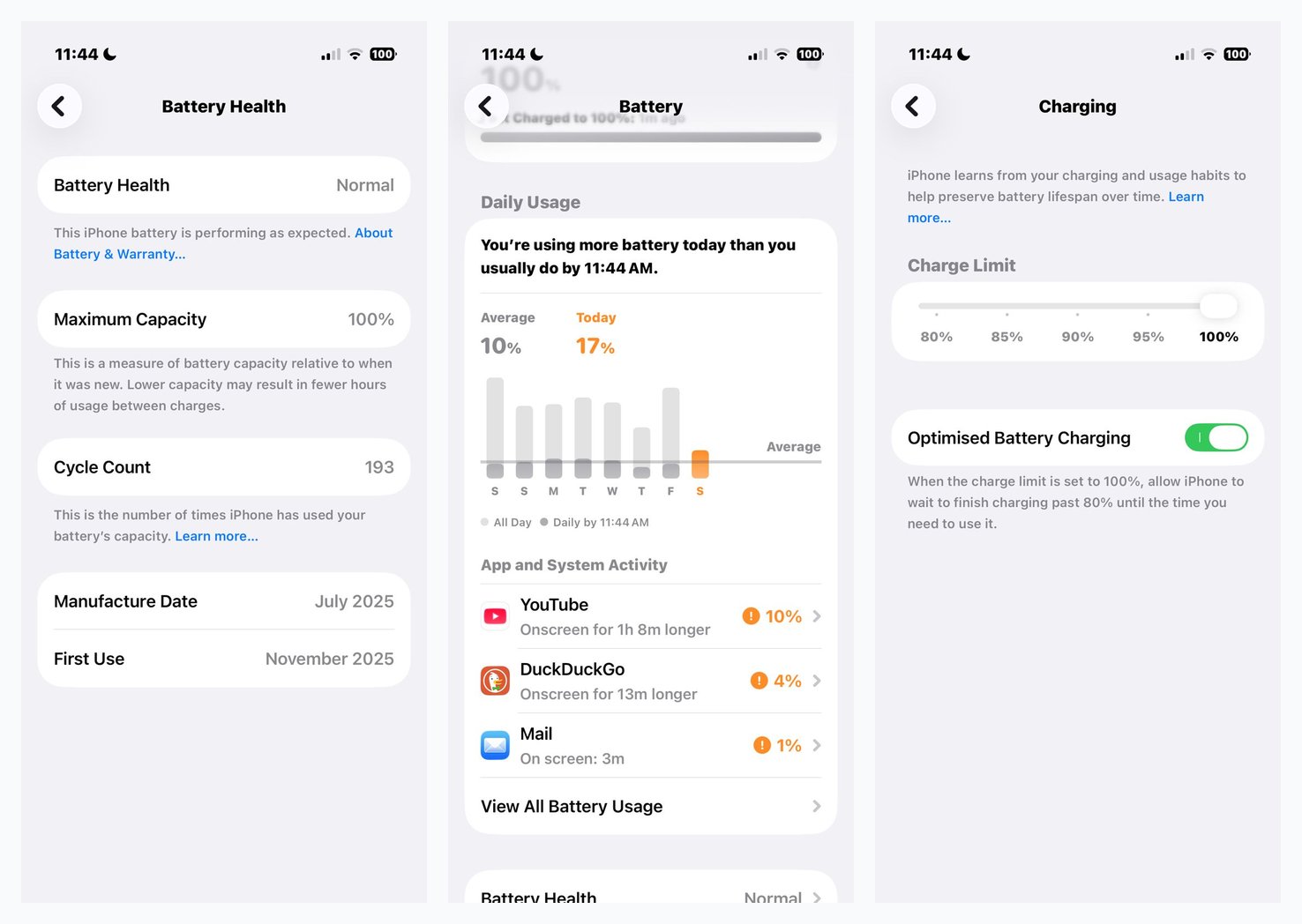 iPhone Battery Health screens showing maximum capacity percentage, cycle count and optimised charging — the same health data a lithium battery BMS provides