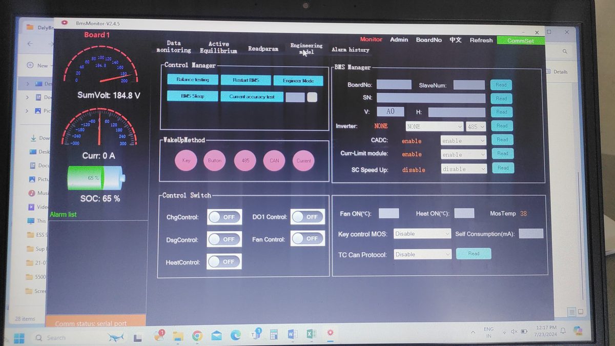 BMS desktop monitoring software showing a 184.8V lithium battery pack with SOC, balance testing and per-cell engineering controls