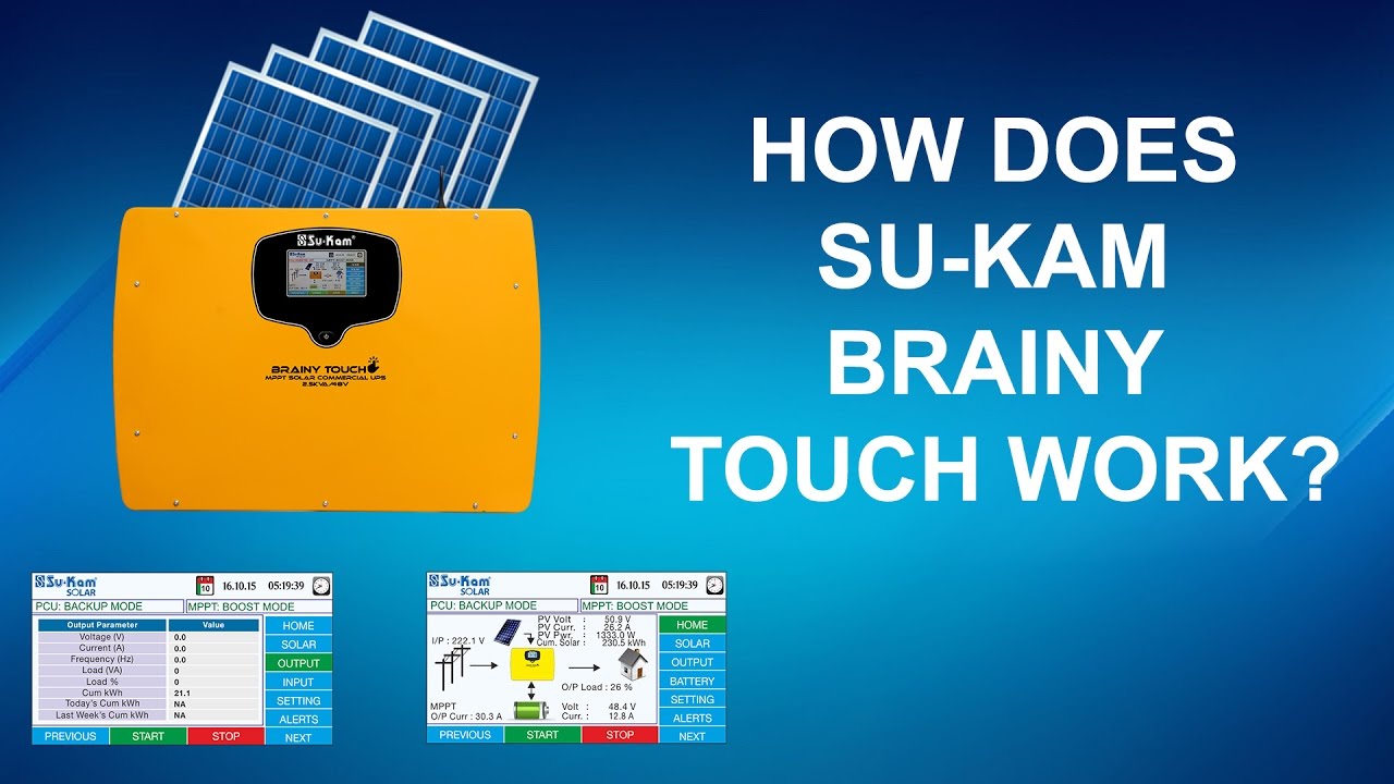 Su-Kam Brainy Touch interface — touch-screen UI on a plastic-body inverter