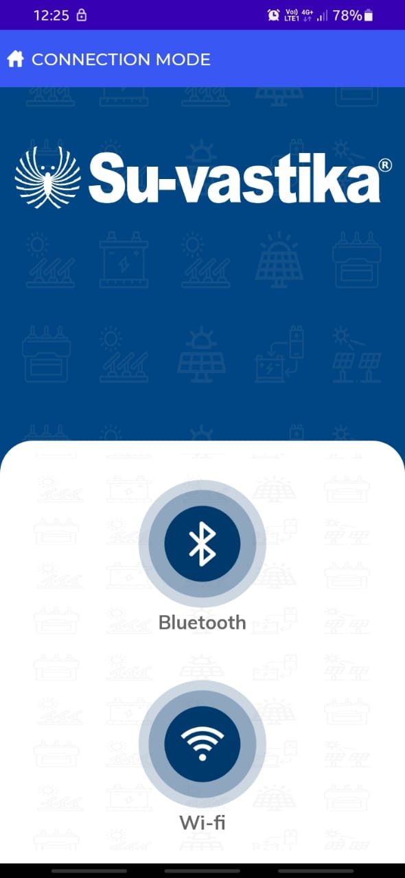 Su-vastika app connection mode screen showing Bluetooth and Wi-Fi options